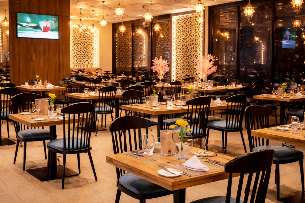 Elegant restaurant interior at dusk